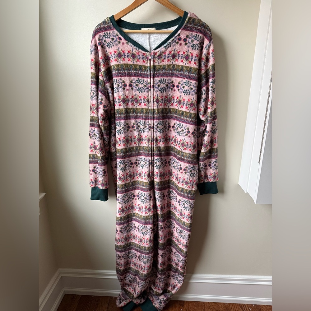 NATURAL LIFE Fleece Fair Isle Union Suit One Piece Pajama Lounge Blush Cabincore